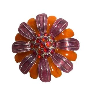 Groovy Flower Brooch Orange and Pink Enamelled with Pink Rhinestones 70’s Style